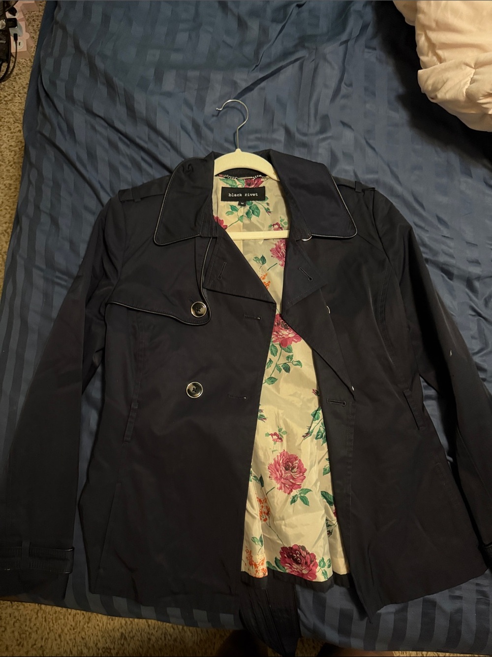 Black Rivet Navy Trench Coat with Floral Cream Lining